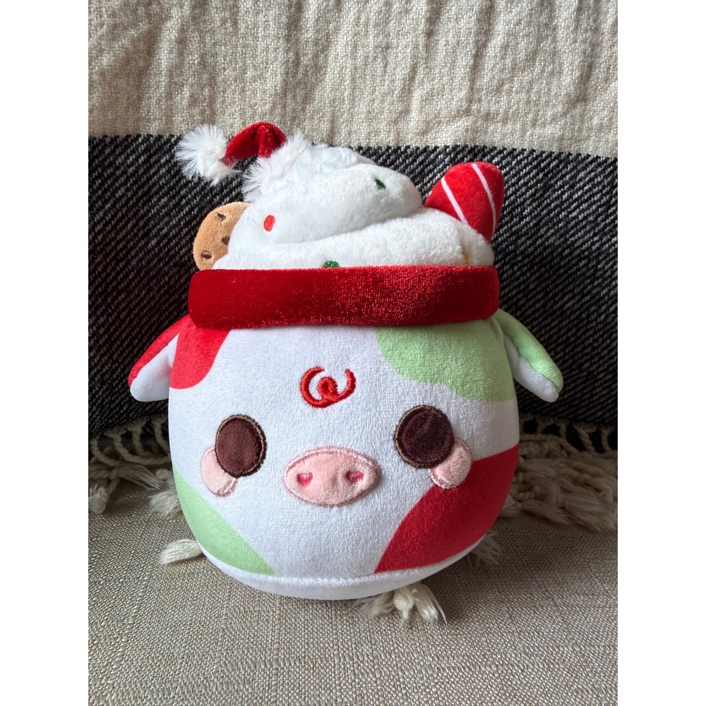 Cuddle Barn Plush Cow  8in White Excellent Holiday‎ Hot Cocoa Santa Haat